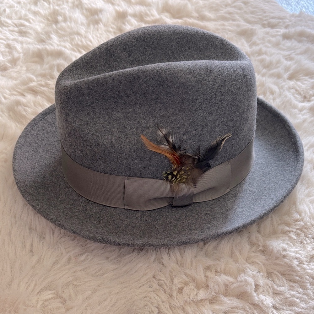 Gray Fedora Hat with Feather Accent